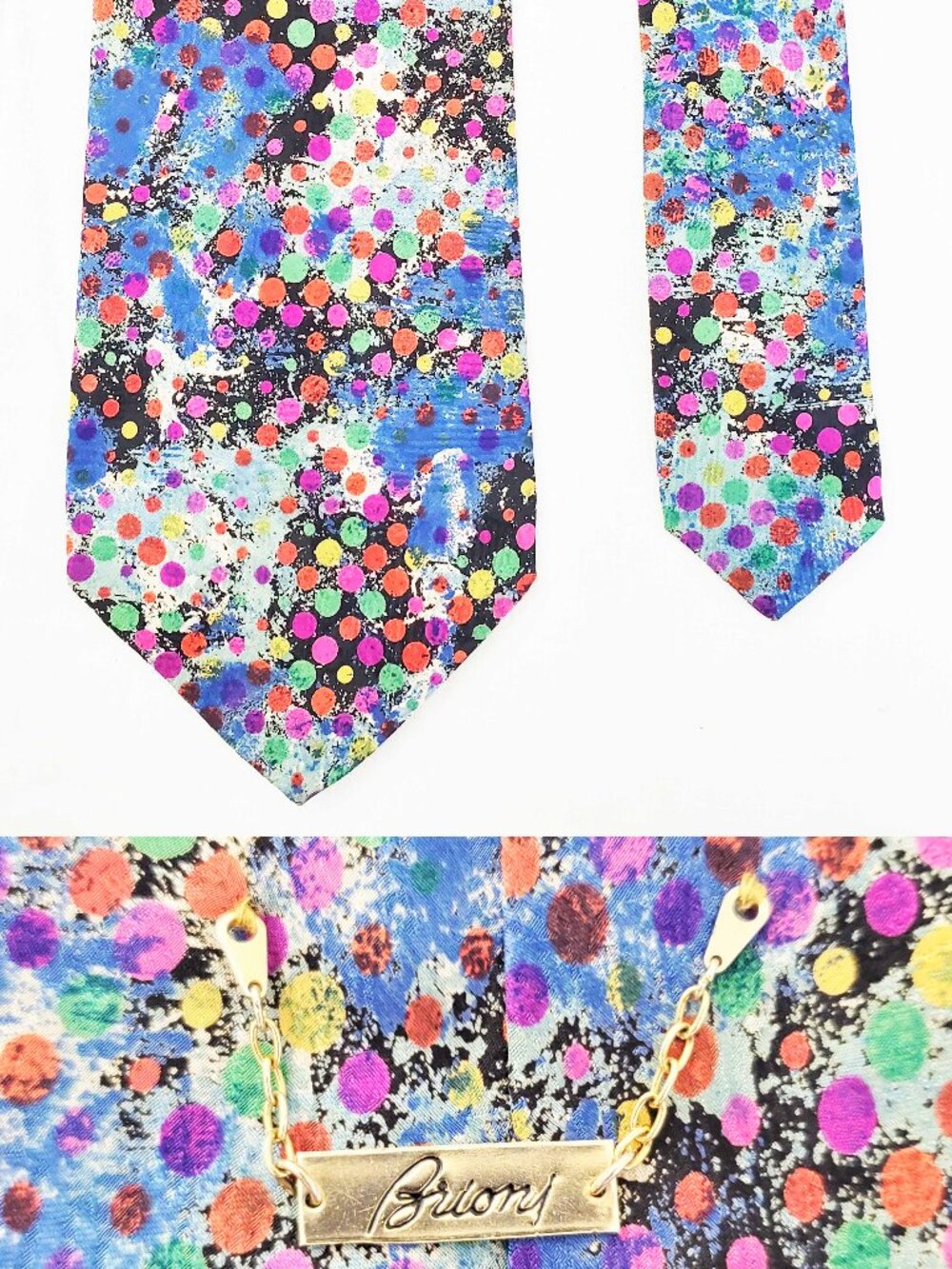 Brioni Men's Vintage Multi-Color Splatter Polka Dot Art Silk Metal Logo Tie